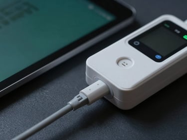 Close-up of medical telemetry device interface syncing with an Android tablet, moody clinical studio lighting, sharp focus.