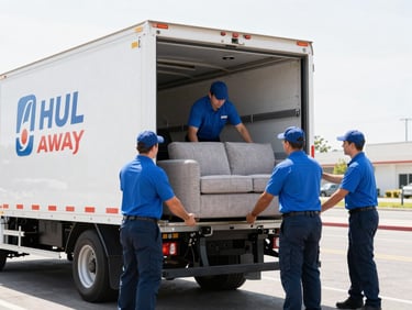 Professional crew in uniform loading a sofa into a clean Haul Away Junk LLC truck, bright daylight, organized scene.