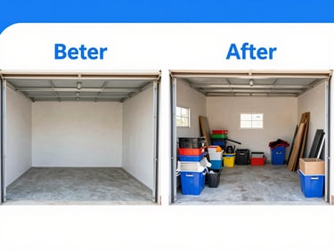 Before-and-after split image showing a cluttered garage transformed into a swept, organized space, bright and clean.
