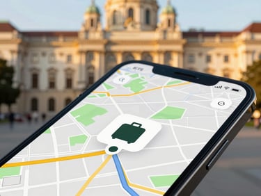 Close-up of a smartphone screen displaying a map with a tracked luggage icon, showing a route through Vienna, with blurred historic Viennese architecture in the background, golden hour light.
