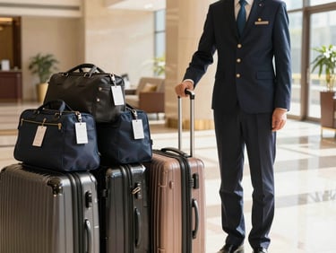 A professional Bagsfree handler, in a smart uniform, standing beside a stack of securely tagged luggage in a clean, well-lit hotel lobby, warm natural daylight.