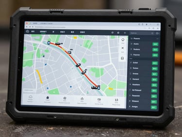 Rugged tablet screen displaying a technical logistics dashboard with route maps, vehicle coordinates, and delivery status indicators, high-contrast interface.