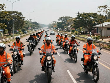 Dispatch riders in high-visibility safety orange gear operating in structured formations on the Agbara-Atan Expressway, high-contrast midday sun.