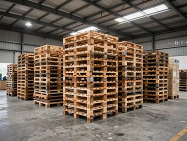An organized industrial warehouse cargo consolidation bay in Agbara, high-contrast overhead lighting, cargo pallets stacked systematically, clean concrete floor