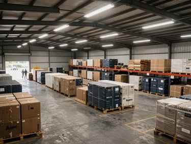 Wide-angle environmental shot of an organized warehouse consolidation bay in Agbara, cargo loading operations under bright fluorescent lighting.