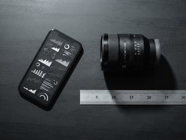 Overhead flat lay of a modern dark desk with a smartphone displaying clean analytics charts, a professional camera lens, and a metal ruler, sharp shadows, high-contrast studio lighting