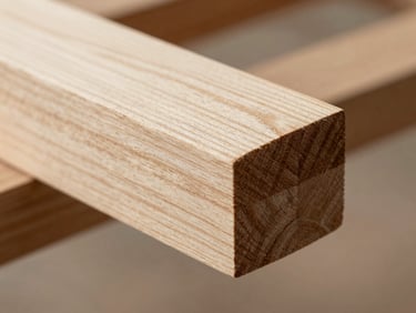 Macro photograph of a chiseled timber joint, highlighting the precise interlocking wood grains, soft side-lit daylight