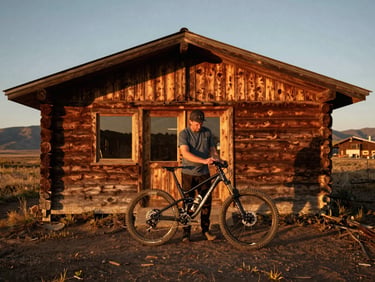 Portrait of a man adjusting a mountain bike outside a wooden shop in Driggs, golden hour, rich soil-brown tones.