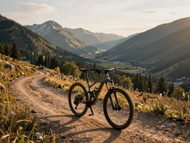 A clean mountain bike parked beside a scenic dirt trail in Driggs, golden-hour light warming the valley.