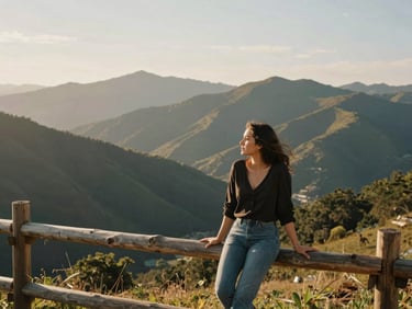 Portrait of a woman leaning on a wooden fence looking toward the mountains, relaxed vibe, wide-angle environmental portrait.