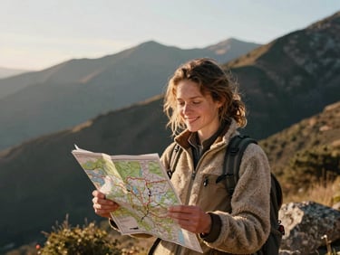 Portrait of a smiling woman in a worn fleece jacket holding a trail map, warm morning light, outdoor setting.