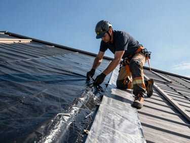 Close-up of a professional roofer in clean safety gear installing a high-durability waterproofing membrane on a roof, bright daylight, 35mm