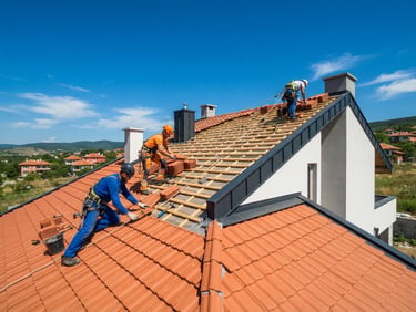 Crisp architectural photography of a modern residential roof under a bright blue Bulgarian sky, professional roofers in clean safety gear installing premium ceramic tiles, sharp focus, 35mm