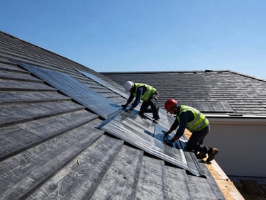 Modern residential roof replacement process, professional workers in safety gear laying membranes, bright daylight, 35mm