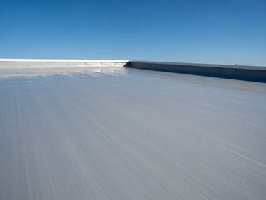 Commercial flat roof waterproofing, high-contrast architectural shot, sharp focus on seamless coating, 35mm