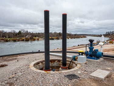 Panoramic view of an open-loop geothermal installation on a riverbank site, two borehole casings emerging from compacted gravel, water pump equipment and piping visible, overcast daylight, technical site context