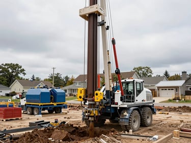 Ground-level wide shot of vertical borehole drilling rig on a suburban construction site, drill string descending into ground, grout mixing equipment in background, overcast daylight, technical site environment