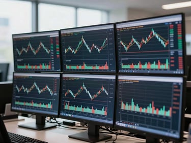 Close-up of financial trading screens displaying complex economic charts in a modern trading room, cool daylight, sharp focus