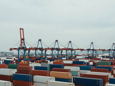 Wide environmental shot of a busy container port terminal under cool overcast sky, desaturated tones