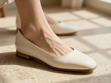 Close-up of an elegant cream leather flat shoe on a warm stone floor, sunlit window shadow casting soft lines, editorial fashion shot, shallow depth of field
