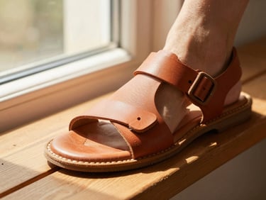 Close-up of a terracotta leather sandal resting on a wooden bench, warm natural sunlight highlighting the leather grain, minimalist aesthetic