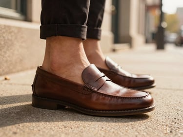 Close-up of a rich espresso brown leather loafer being worn, stepping elegantly on a sunlit urban sidewalk, warm golden hour light, 35mm