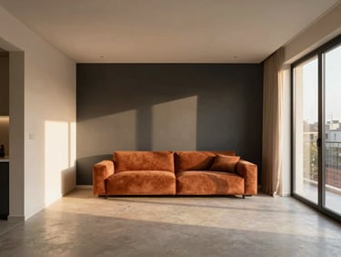 Contemporary apartment living room, compact yet spacious, warm ambient light, clean lines, charcoal and ivory palette, architectural 35mm lens, soft shadows.