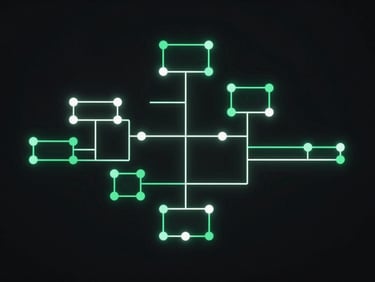 Minimalist abstract system architecture diagram, showing clean vector lines and nodes glowing in emerald green and white on a dark background
