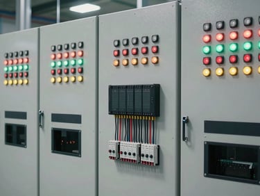 Wide shot of a clean, modern industrial automation panel with cool-toned LED indicators, organized wiring, and a PLC controller at the center, sharp focus, industrial lighting.