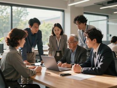 Small group of diverse adults in business-casual attire engaged in animated discussion around a shared laptop, sunlit open-plan office, large windows with greenery outside, anime semi-realistic illustration style