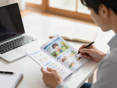 Close-up of two adults reviewing a printed resource guide together at a bright table, notebooks and a laptop open nearby, warm window light, anime-inspired semi-realistic illustration