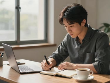 Adult professional taking handwritten notes beside an open laptop, warm afternoon light from a large window, coffee cup on desk, calm focused expression, anime-inspired semi-realistic illustration