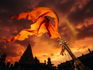 Dynamic low-angle shot of a massive saffron flag swirling against a deep vermillion sunset sky, motion blur on the edges, dust particles catching the light, 35mm.