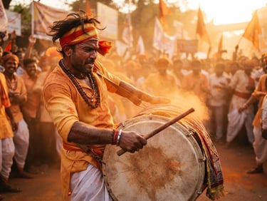 Low-angle dynamic action shot of a Maharashtrian drummer mid-strike, sweat on brow, high-contrast golden-hour sunlight filtering through saffron dust, rich vermillion tones, 35mm.