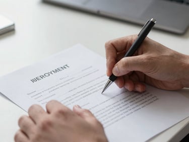 A close-up of hands signing an official employment agreement paper, clean natural lighting, corporate professional tone.