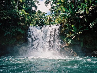 Dynamic wide-angle shot of a rushing tropical waterfall in Uvita, lush jungle canopy, natural sunlight filtering through green leaves, 35mm film feel