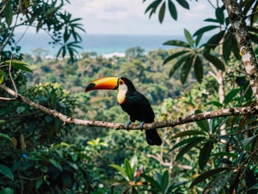 A colorful toucan perched on a branch in the rainforest canopy, rich green foliage background, soft morning light