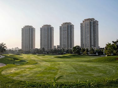 Wide-angle view of DLF Magnolias residential towers overlooking a lush, manicured green golf course under bright morning sky.