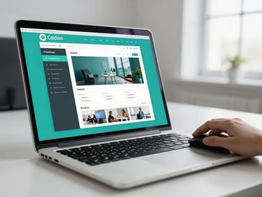 Close-up of a laptop screen showing a digital advertising campaign layout in a clean office environment, a hand using a mouse beside the keyboard, natural window light from the right, teal color accents on screen
