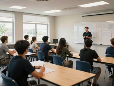 Wide shot of a training room with participants seated at tables, a facilitator standing at a whiteboard with printed materials visible, natural daylight from side windows, engaged and attentive atmosphere