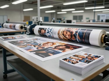 Wide shot of a professional print production area, finished advertising banners rolled on a table under diffused overhead lighting, printed flyers stacked neatly beside a cutting board, clean industrial workspace