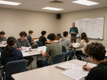 Wide environmental shot of a small training room, participants seated at tables reviewing printed workbooks, a facilitator standing at a whiteboard with notes, warm overhead lighting, focused and engaged atmosphere