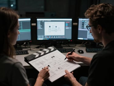 Two filmmakers discussing a storyboard in a dimly lit editing room, glow from monitors, moody atmosphere, high contrast