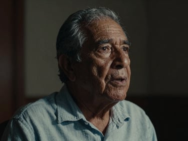 Intimate close-up of an elderly Colombian storyteller speaking during a documentary filming, dramatic low-key lighting, rich textures, cinematic atmosphere