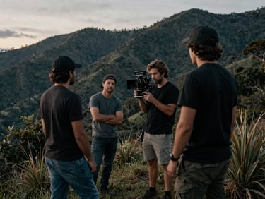 Behind the scenes of a film crew in the Colombian mountains, dramatic natural light, cinematic composition, 35mm grain