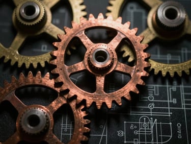 Macro detail shot of heavy burnished copper gears and technical schematics, low-key chiaroscuro lighting, warm metallic reflections, 35mm photography
