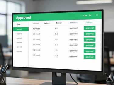 Digital compliance dashboard showing green 'approved' statuses and upcoming expiry dates, on a monitor in a clean industrial office.