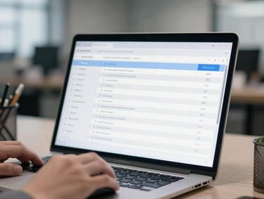 Close-up of a hand using a mouse on a compliance dashboard, focused on data entry, with a blurred industrial office background.
