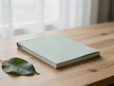 A simple printed paper tracker resting on a clean wooden table next to a green leaf, soft overcast window light, shallow depth of field.