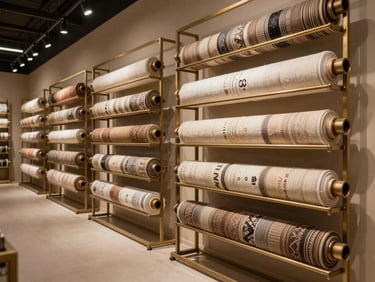 Wide-angle view of the Al-Beat Al-Kabeer showroom in Karbala, organized textile rolls hanging on minimalist bronze racks, warm architectural lighting